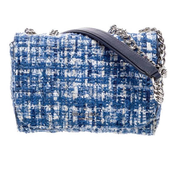 KATE SPADE NWOT Blue Tweed Shoulder Bag Silver Chain - Picture 2 of 6